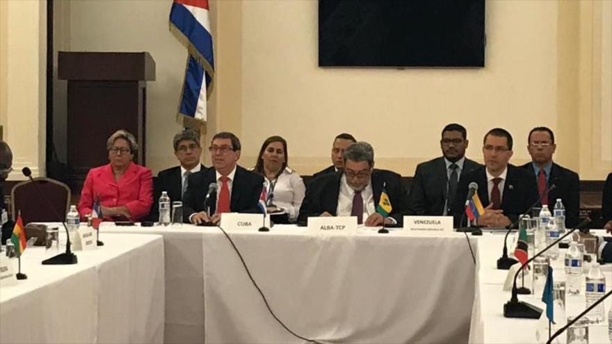 Cancilleres de Cuba y Venezuela, Bruno Rodríguez y Jorge Arreaza, respectivamente, en la reunión de ALBA-TCP en Nueva York, 23 de septiembre de 2019.