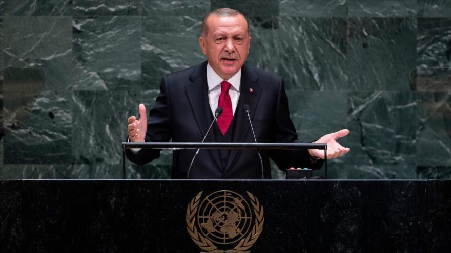 El presidente de Turquía, Recep Tayyip Erdogan, habla en la Asamblea General de las Naciones Unidas, 24 de septiembre de 2019. (Foto: AFP)