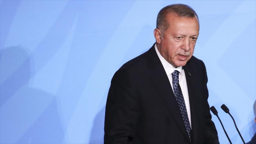 El presidente turco, Recep Tayyip Erdogan, ofrece discurso en una reunión sobre cambio climático en Nueva York, 23 de septiembre de 2019. (Foto: AFP)