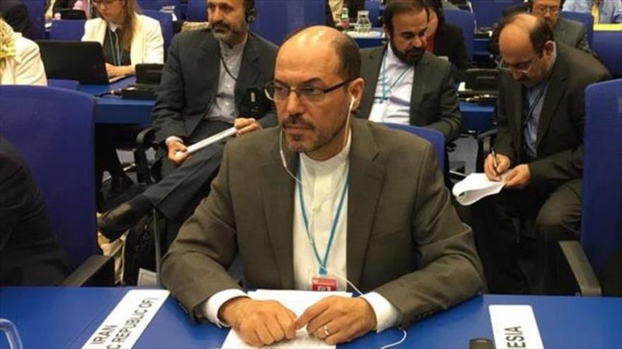 El viceministro de Asuntos Legales e Internacionales de la Cancillería iraní, Qolam Hosein Dehqani, interviene en una conferencia.