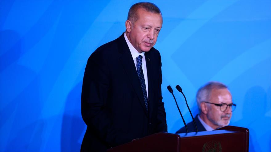 El presidente turco, Recep Tayyip Erdogan, ofrece un discurso en Nueva York, 23 de septiembre de 2019. (Foto: AFP)
