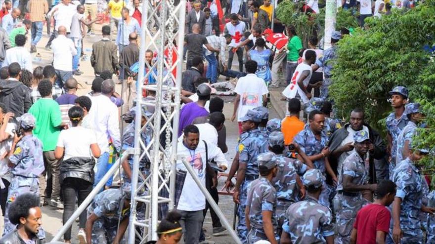 La escena de la explosión de una granada en un mitin de apoyo al primer ministro de Etiopía, Abiy Ahmed, 23 de junio de 2018.