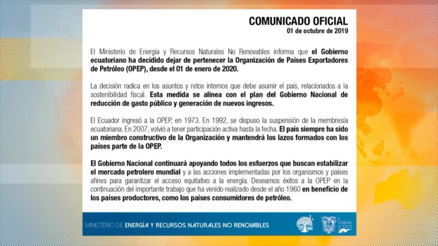 Ecuador, en medio de la crisis, anuncia salida de la OPEP