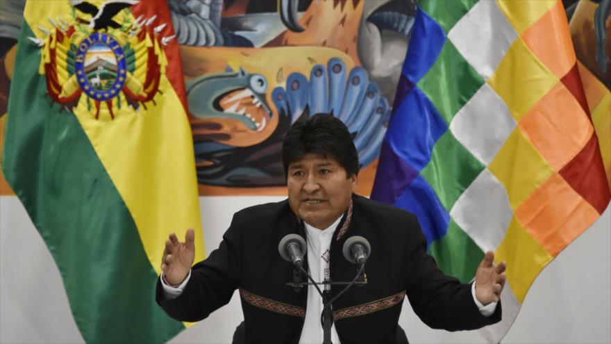 El presidente de Bolivia, Evo Morales, una conferencia de prensa en la Casa Grande del Pueblo, en La Paz, Bolivia, 23 de octubre de 2019. (Foto: AFP)