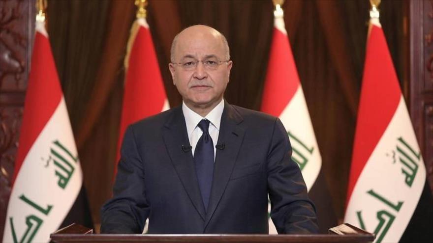 El presidente iraquí, Barham Saleh, habla durante una conferencia de prensa.