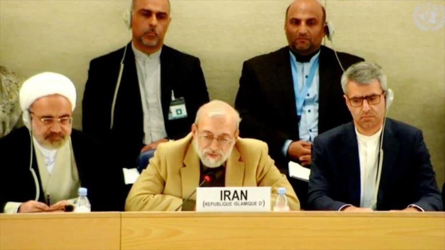 El presidente del Consejo de Derechos Humanos de Irán, Mohamad Yavad Lariyani (centro), en la 34.ª cumbre del UPR en Ginebra, 8 de noviembre de 2019.