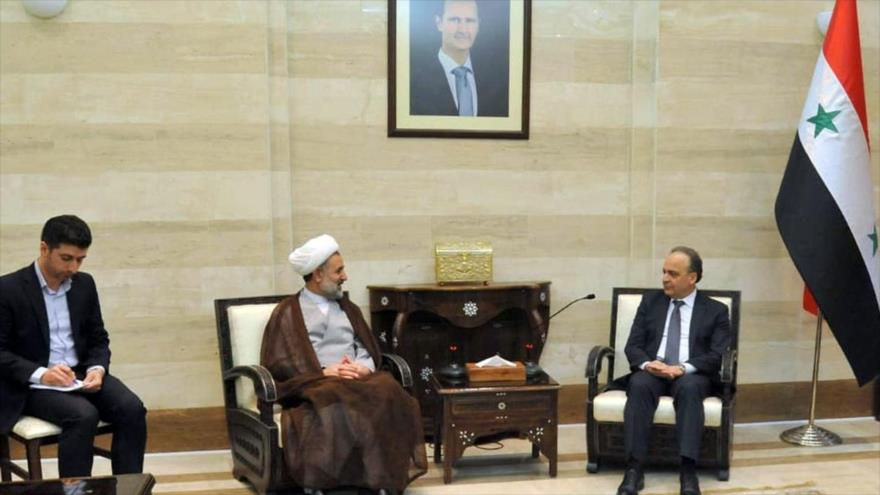 Presidente de la Comisión de Seguridad Nacional y Política Exterior de la Asamblea iraní (izda.) y el premier sirio, Damasco, 14 de nov. de 2019. (Foto: Icana)