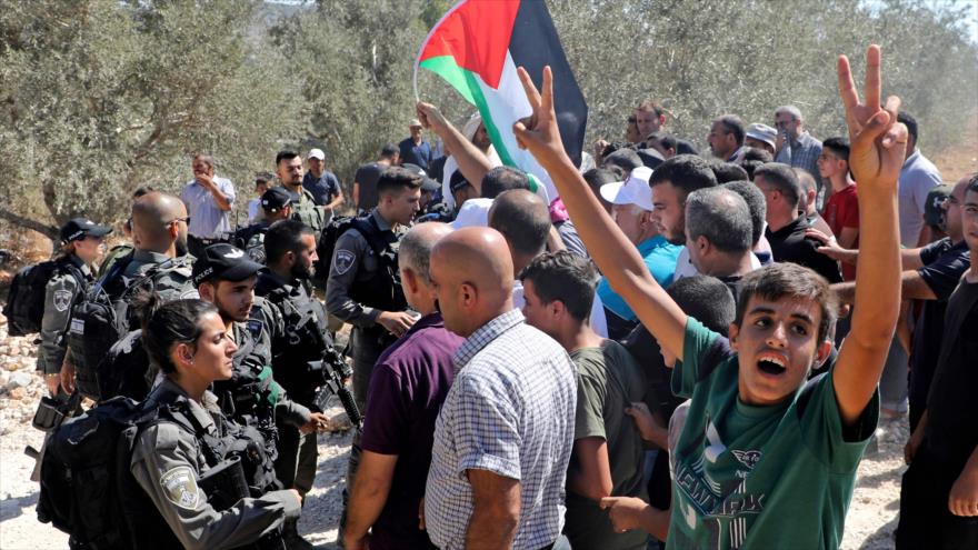 Palestinos se enfrentan a agentes israelíes en una manifestación, la aldea de Kafr Thulth, Cisjordania, 4 de octubre de 2019. (Foto: AFP)