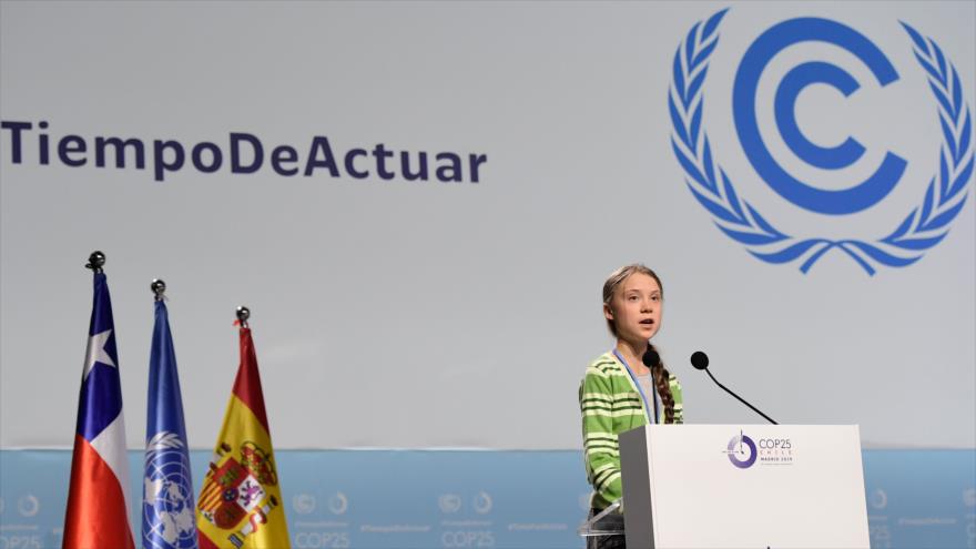 La activista climática sueca Greta Thunberg da un discurso en la Conferencia sobre Cambio Climático de la ONU en Madrid, 11 de diciembre de 2019. (Foto: AFP)