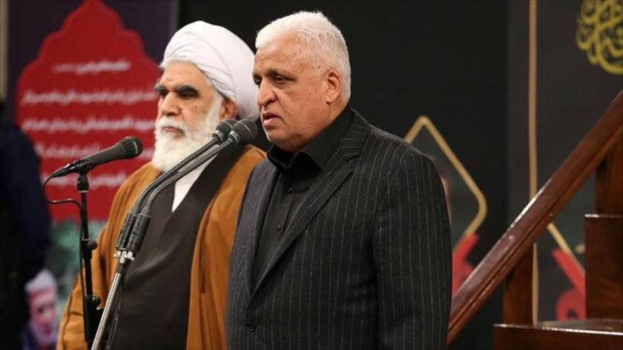 El líder de las Al-Hashad Al-Shabi, Faleh al-Fayaz (dcha,) en un acto de homenaje al general Soleimani, en Teherán, 9 de enero de 2020. (Foto: Mehr)