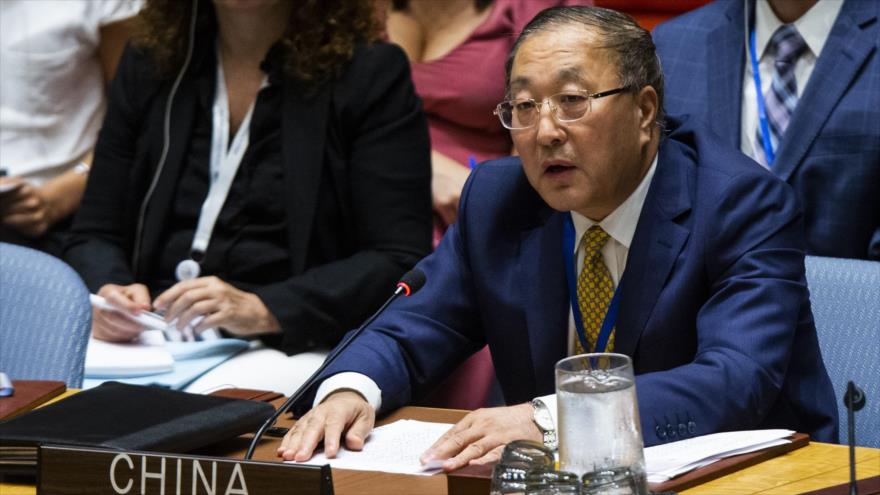 El representante permanente de China ante las Naciones Unidas, Zhang Jun, en una reunión en Nueva York (EE.UU.), 20 de agosto de 2019. (Foro: AFP)