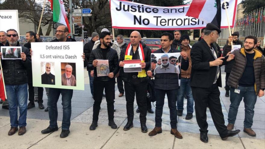 Condenan delante de sede de ONU en Suiza el asesinato de Soleimani