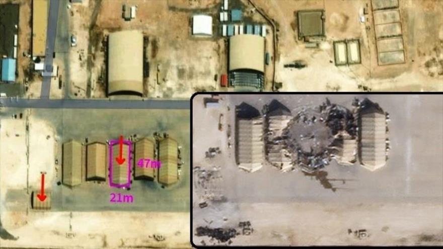 Edificios de mantenimiento de helicópteros en la base Ain Al-Asad, Irak, destruidos por Irán.