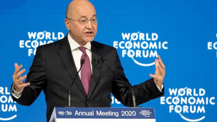 El presidente iraquí, Barham Salih, ofrece un discurso durante el Foro Económico Mundial en Davos (Suiza), 22 de enero de 2020. (Foto: Bloomberg)