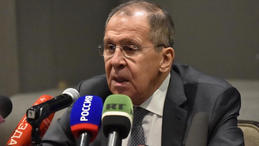 El ministro de Exteriores de Rusia, Serguéi Lavrov, habla en una rueda de prensa en México, 6 de febrero de 2020. (Foto: AFP)