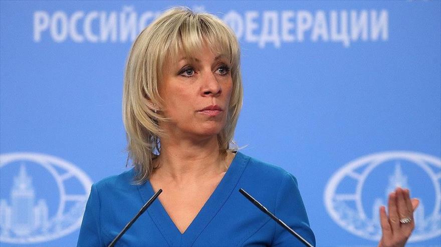 La portavoz de la Cancillería rusa, María Zajárova, en una rueda de prensa.