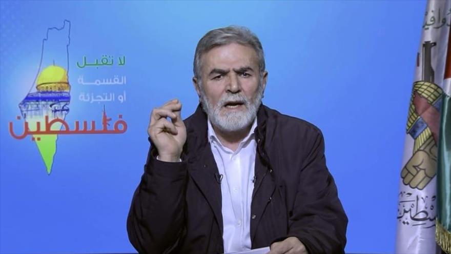 El secretario general del Movimiento de la Yihad Islámica Palestina, Ziad al-Najala, habla en un discurso televisado en Gaza, 19 de febrero de 2020.