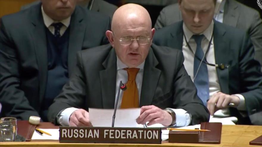 El representante permanente ruso ante la Organización de las Naciones Unidas (ONU), Vasili Nebenzia, el Consejo de Seguridad, 28 de febrero de 2020.
