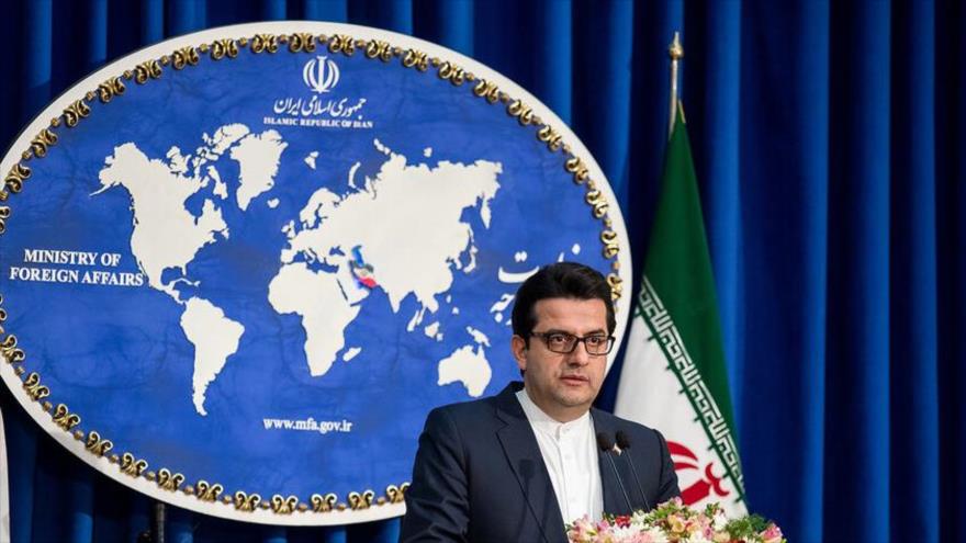 El portavoz de la Cancillería iraní, Seyed Abás Musavi, ofrece una rueda de prensa, en Teherán, 3 de febrero de 2020. (Foto: ISNA)
