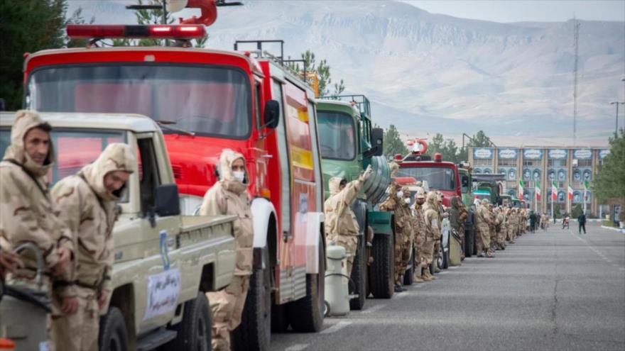 Fuerzas del Cuerpo de Guardianes se preparan para la desinfección de la ciudad iraní de Kermanshah, 1 de marzo de 2020. (Foto: mersadnews)