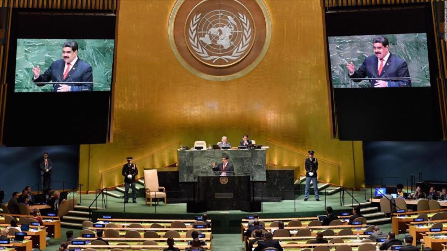 El Presidente de Venezuela, Nicolás Maduro, habla en la 73.ª sesión de la Asamblea General de la ONU, con sede en Nueva York, 26 de septiembre de 2018.