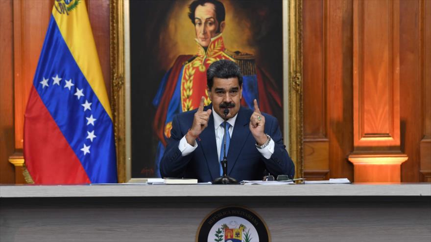 El presidente de Venezuela, Nicolás Maduro, ofrece discurso desde el Palacio de Miraflores, 14 de febrero de 2020. (Foto: AFP)