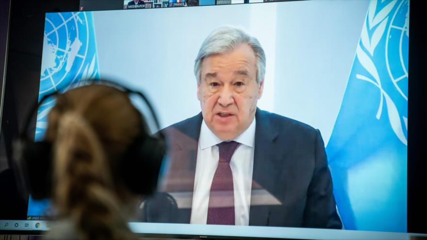 El secretario general de las Naciones Unidas, Antonio Guterres, durante una videoconferencia del Diálogo de Petersberg sobre el Clima, 28 de abril de 2020. (Foto: AFP)
