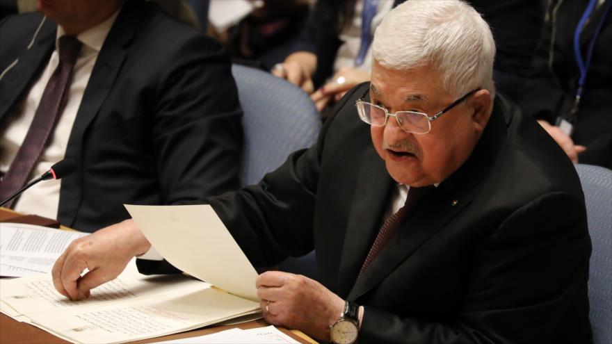 El presidente palestino, Mahmud Abás, habla en una sesión del Consejo de Seguridad, Nueva York, 11 febrero de 2020. (Foto: AFP)