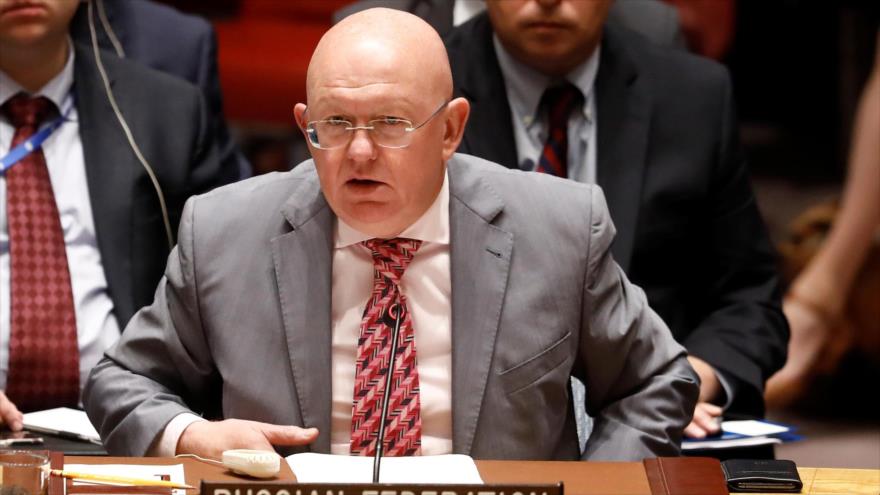 El representante permanente de Rusia ante la Organización de las Naciones Unidas (ONU), Vasili Nebenzia, en una sesión, 26 de junio de 2019. (Foto: Reuters)