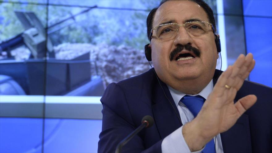 El embajador sirio en Rusia, Riad Haddad, durante una rueda de prensa en Moscú, capital rusa.