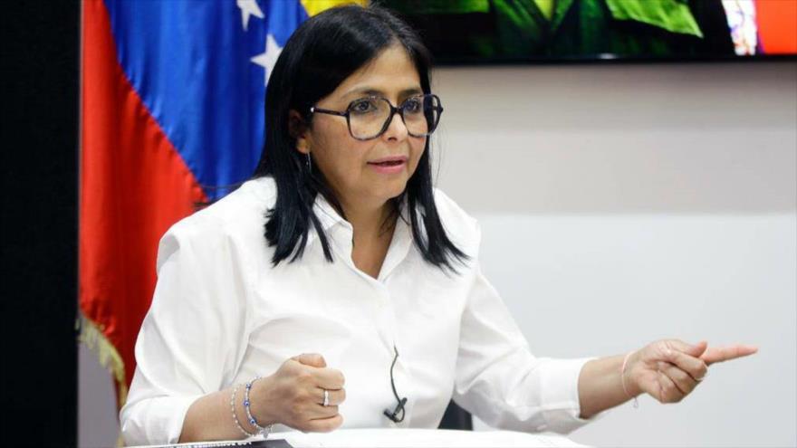 La vicepresidenta venezolana, Delcy Rodríguez, en el Foro OnLine “Imperialismo, Bloqueo y Sanciones Criminales Contra Venezuela”, 11 de junio de 2020.