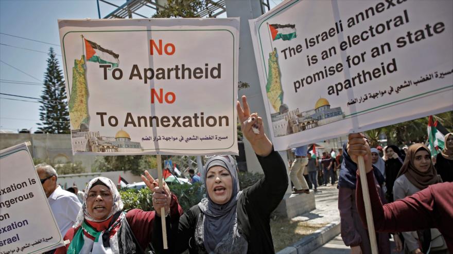 Palestinos en una protesta contra plan israelí de anexión de Cisjordania, Gaza, 1 de julio de 2020. (Foto: AFP)