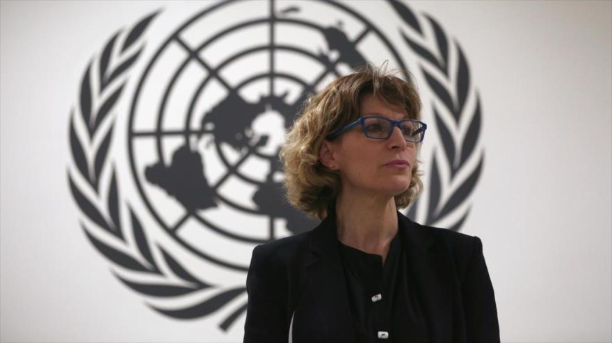 Relatora especial de la ONU sobre Asesinatos Selectivos y Ejecuciones Extrajudiciales, Agnes Callamard, en una rueda de prensa, El Salvador, 5 de febrero de 2018.