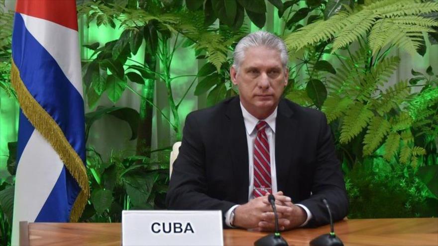 El presidente de Cuba, Miguel Díaz-Canel, participa en la Cumbre Mundial de la OIT, 8 de julio de 2020.