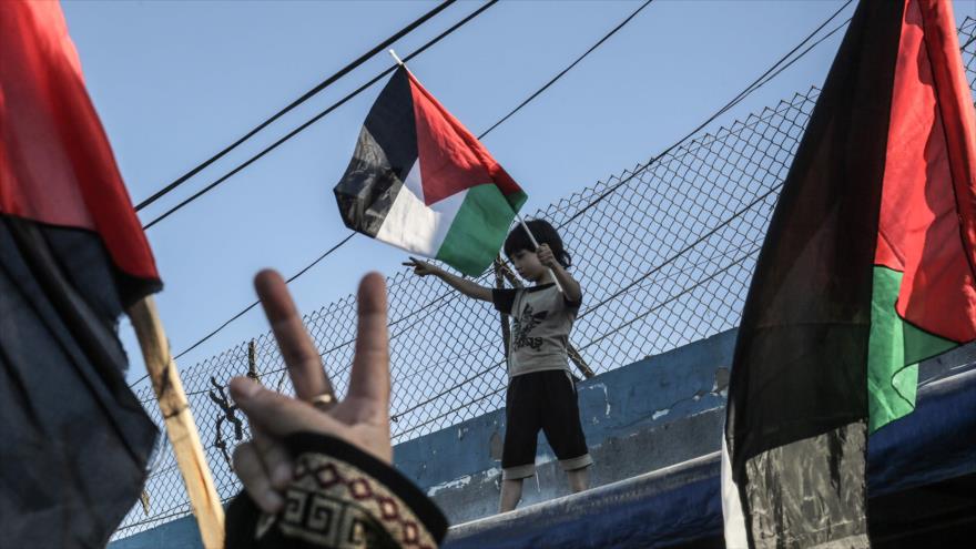 Palestinos en la Franja de Gaza izan banderas de su país en una marcha contra la anexión de Cisjordania por Israel, 2 de julio de 2020. (Foto: AFP)