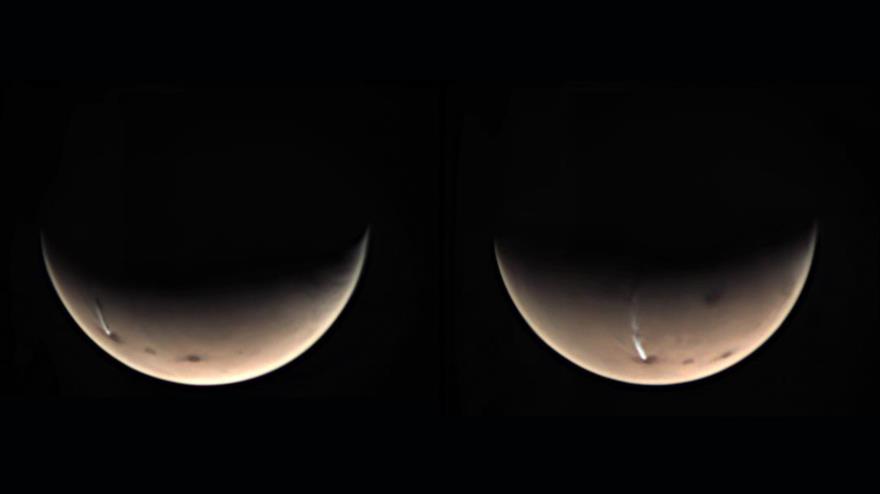 Imágenes captadas el pasado 17 y 19 de julio por la cámara de monitoreo visual del orbitador Mars Express de una alargada nube en Mare. (Foto: ESA)