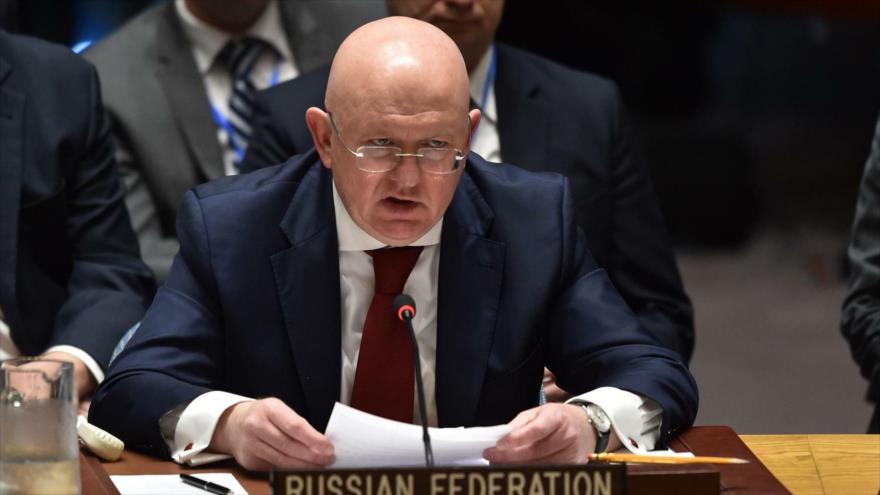 El representante permanente de Rusia ante la ONU, Vasili Nebenzia, durante una reunión en Nueva York, EE.UU., 14 de abril de 2018. (Foto: AFP)