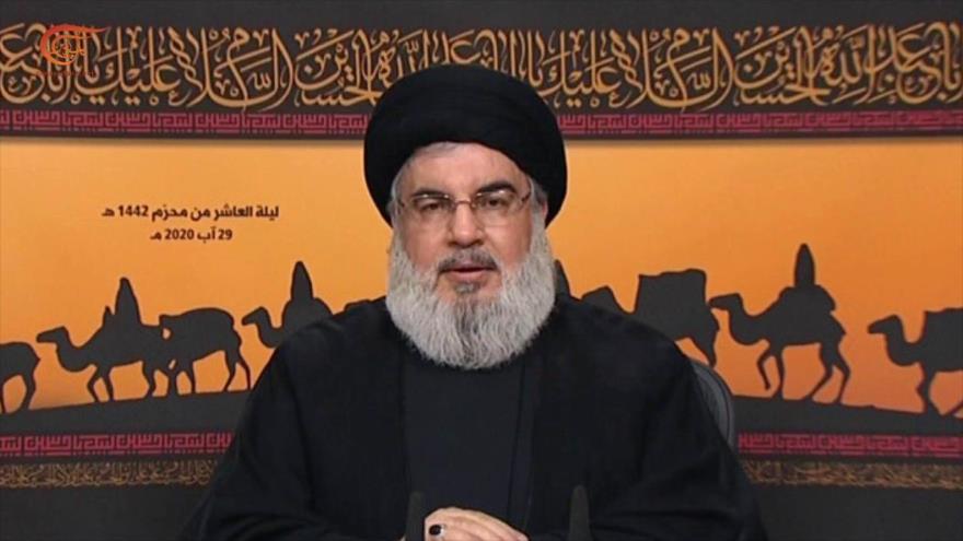 El líder del Movimiento de Resistencia Islámica de El Líbano (Hezbolá), Seyed Hasan Nasralá, ofrece discurso, 29 de agosto de 2020.