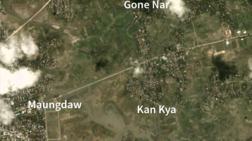 Imagen satelital captada el 21 de agosto de 2017 muestra los nombres de Kan Kya y Maungdaw juntos en el estado de Rajine, Myanmar. (Foto: Planet Labs)