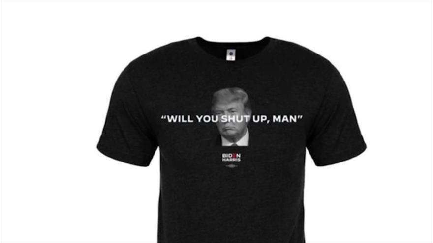 Una camiseta con la frase impresa “¡Cállate, hombre!” palabras que Biden usó contra las interrupciones de Trump durante el debate presidencial en EE.UU.
