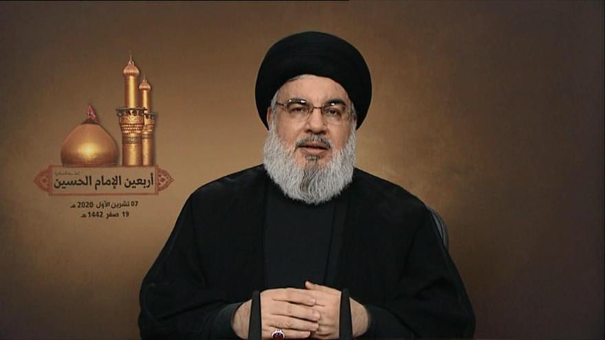 El líder de Hezbolá, Seyed Hasan Nasralá, ofrece un discurso con ocasión de Arbaín, 7 de octubre de 2020.