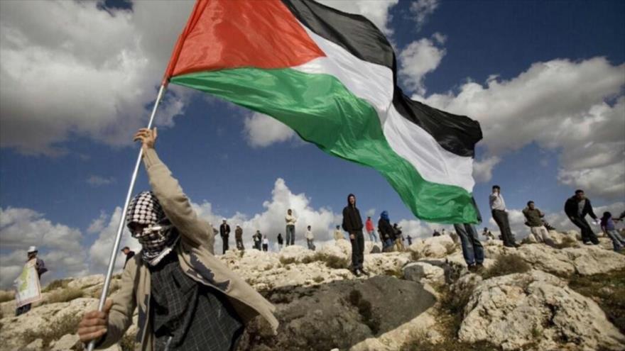 Un palestino ondea su bandera nacional en una protesta en la Cisjordania ocupada.