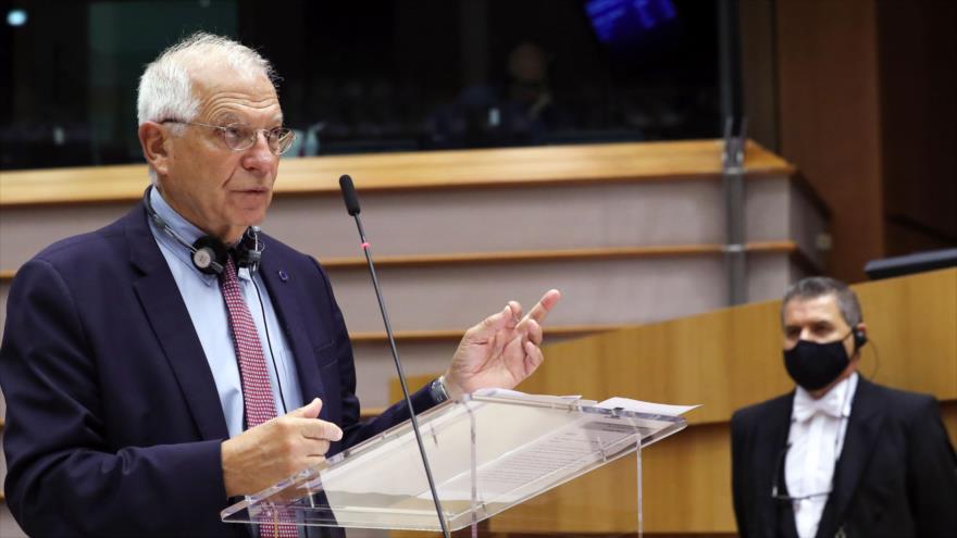 El alto representante para la Política Exterior de la Unión Europea, Josep Borrell, habla ante el Parlamento Europeo, 7 de octubre de 2020. (Foto: AFP)