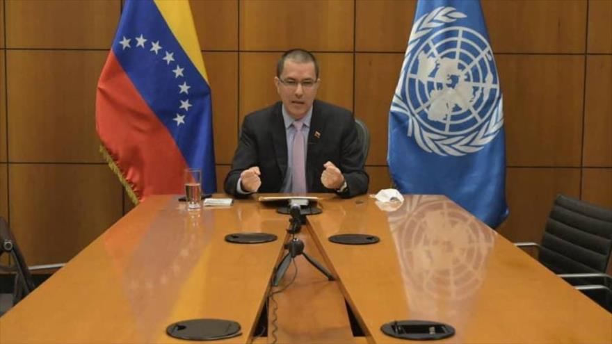 El canciller venezolano, Jorge Arreaza, interviene en una reunión virtual por motivo del 75.º aniversario de la creación de la ONU, el 23 de octubre de 2020.