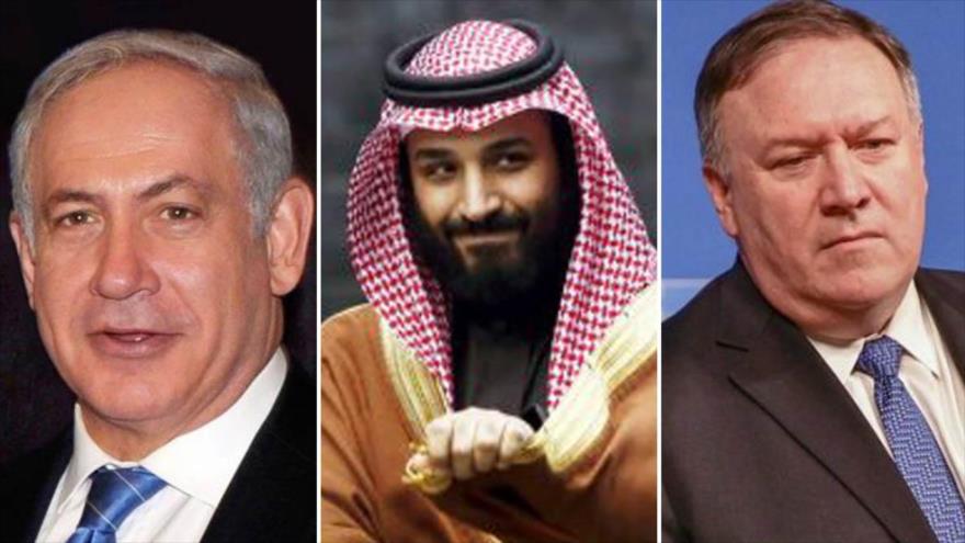 El premier israelí, Benjamín Netanyahu (izda.), el príncipe heredero saudí, Muhamad Bin Salman (c) y el secretario de Estado de EE.UU., Mike Pompeo.