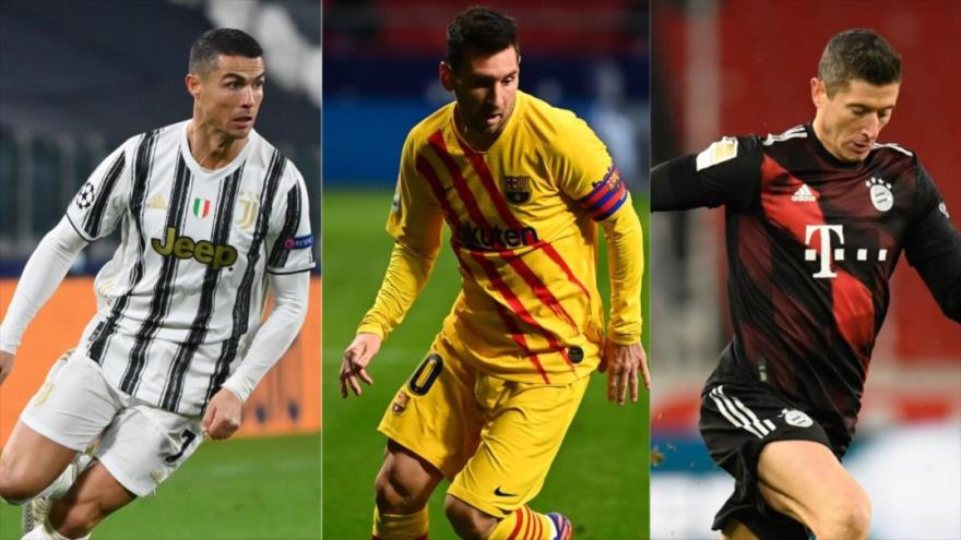 (De izq. a dcha.) el portugués Cristiano Ronaldo (Juventus), el argentino Leo Messi (Barcelona) y el polaco Robert Lewandowski (Bayern Múnich).