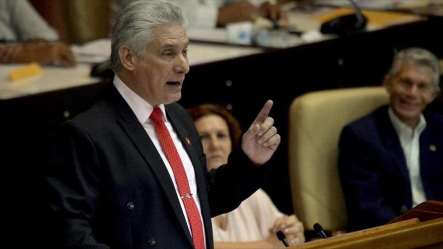 El presidente cubano, Miguel Díaz Canel, durante un discurso en el Palacio de Convenciones de La Habana, 21 de diciembre de 2019.