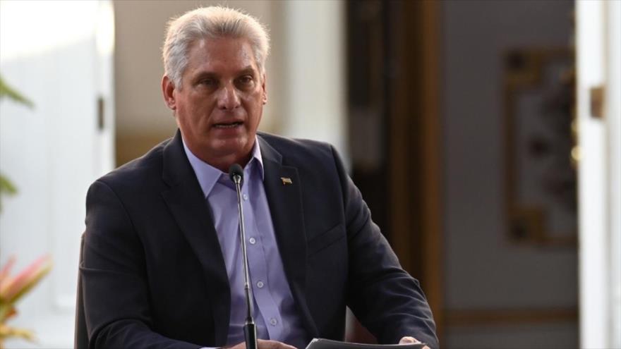 El presidente cubano, Miguel Díaz-Canel, ofrece un discurso durante una ceremonia en Caracas, capital venezolana, 28 de julio de 2019. (Foto: AFP)