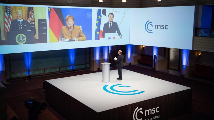 Líderes de EE.UU., Alemania y Francia, Joe Biden, Ángela Markel y Emmanuel Macron, respectivamente, participan de forma virtual en la MSC, 19 de febrero de 2021. (Foto: EFE)