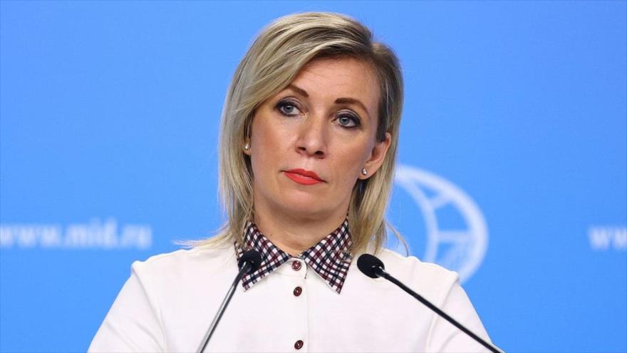 La portavoz de la Cancillería rusa, María Zajarova, en una rueda de prensa, Moscú (capital), 11 de febrero de 2021. (Foto: TASS)
